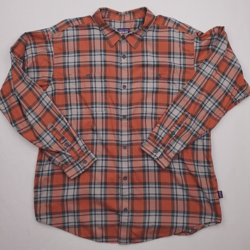Patagonia Pima Cotton Flannel Shirt Mens Extra Large Orange Plaid Button Up
